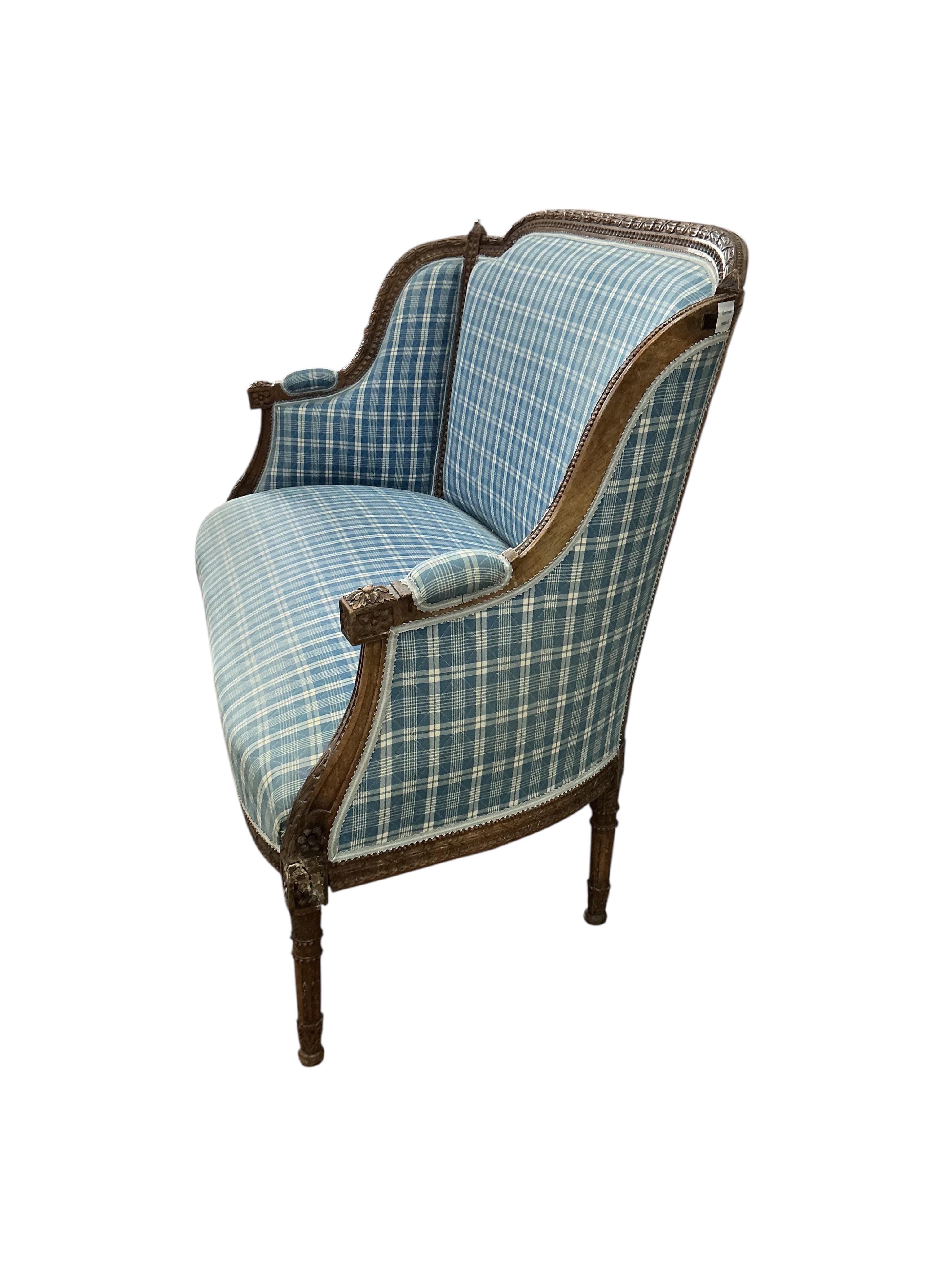 A late 19th century French upholstered settee, width 126cm, depth 60cm, height 94cm, Provenance: The late Kenneth Turner (1936-2025), celebrity florist, designer and perfume retailer, he received the Royal Warrant from t